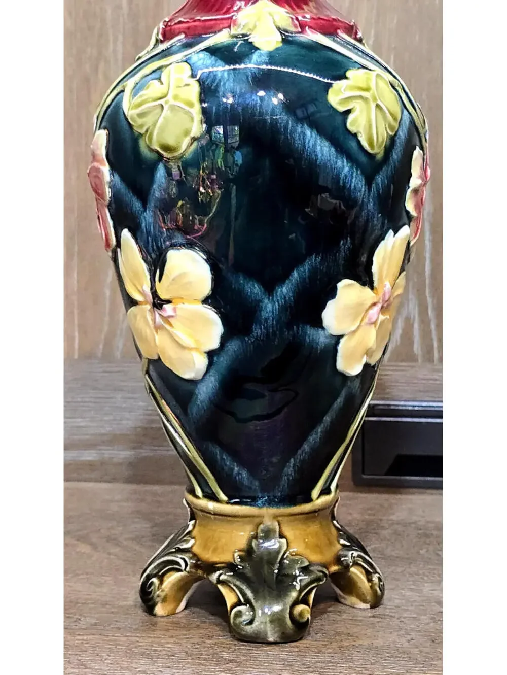 Antique Art Nouveau Majolica Floral Footed Ewer Pitcher Vase 12 inch Signed